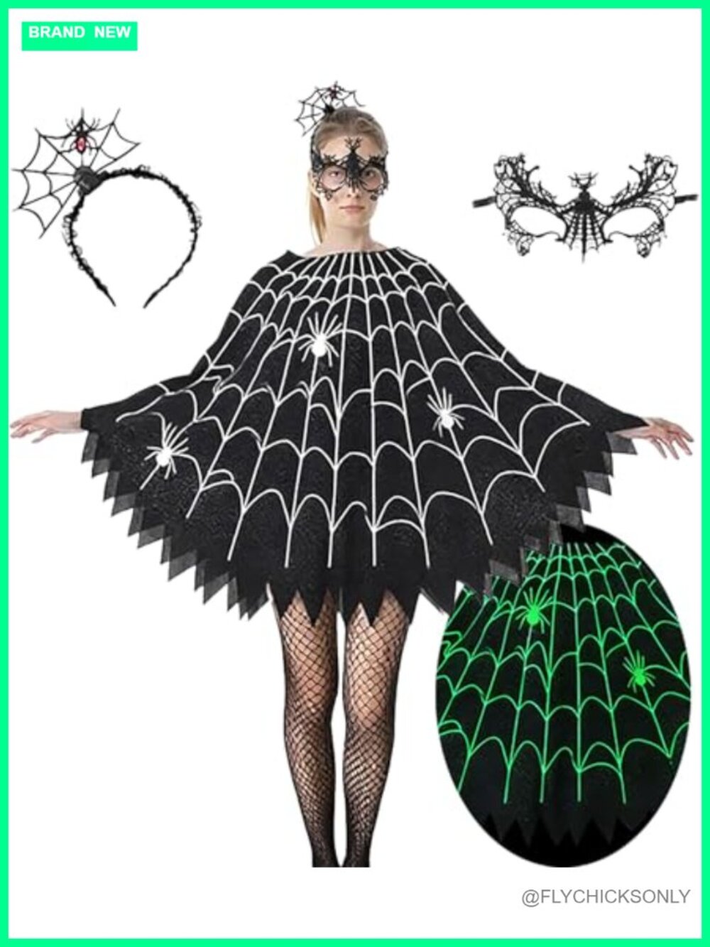 Glow in the Dark Halloween Spider Web Poncho Costume Set with Mask Headband